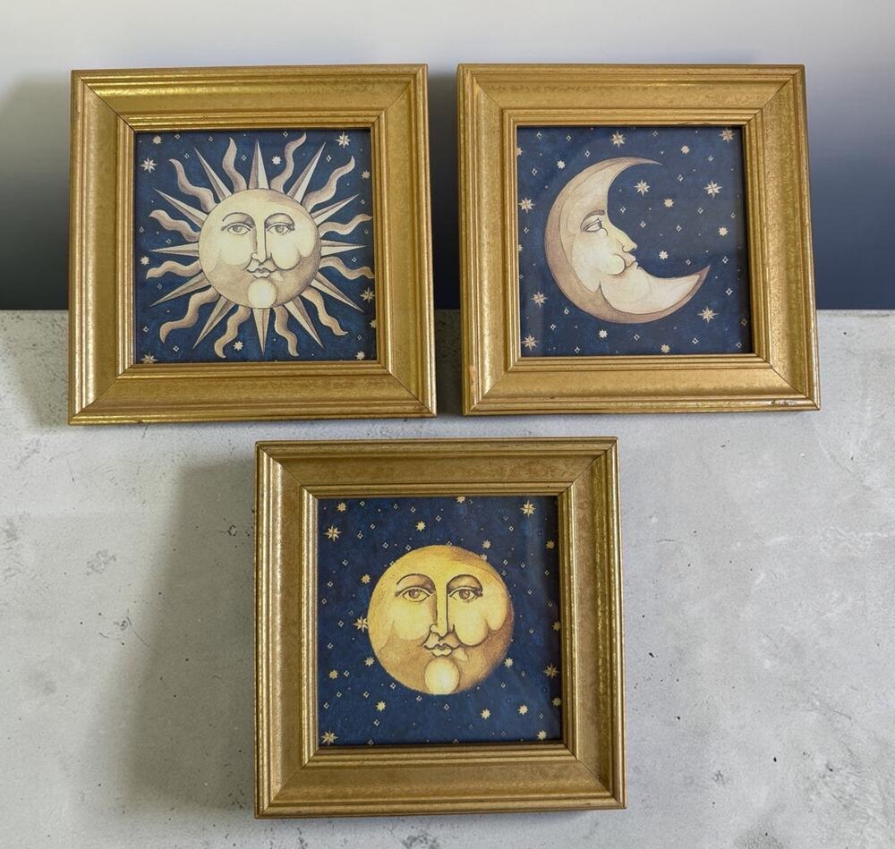 Vintage Mary Beth Zeitz Celestial Cresent Moon,Full Moon And Sun 1990 Whimsigoth
